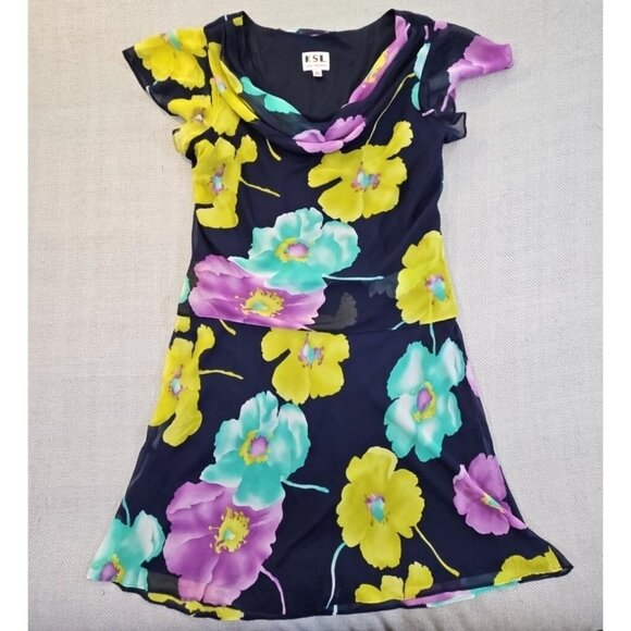 karin stevens Dresses & Skirts - Karen Stevens Women's Lined Layered Chiffon AOP Dress Size 15W Navy Floral EUC